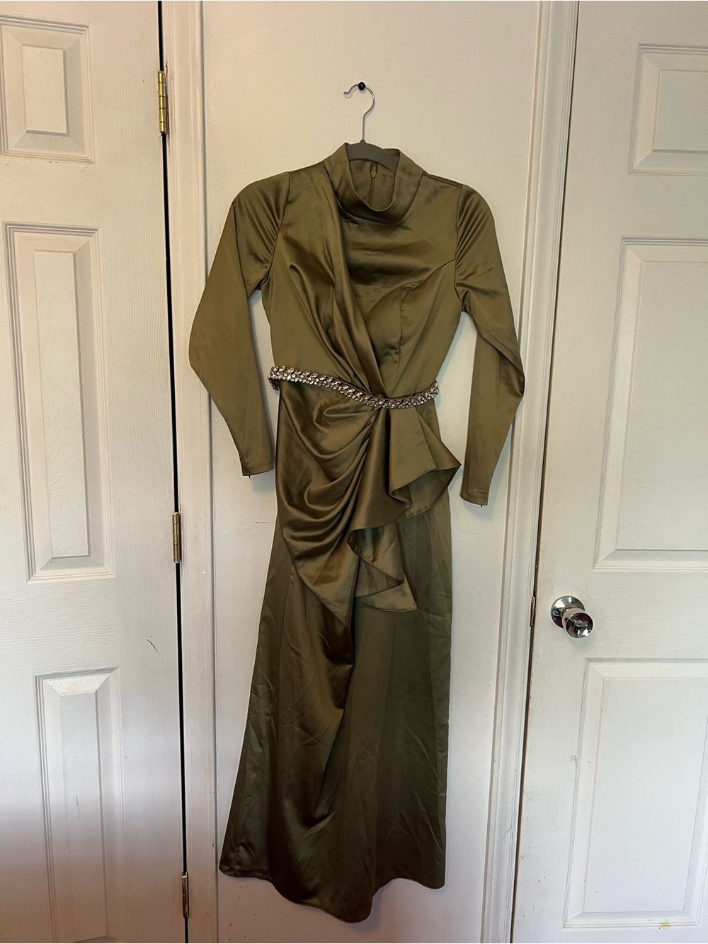 Olive Green Satin Draped Evening Dress with Embellished Waist - Picture 2 of 2
